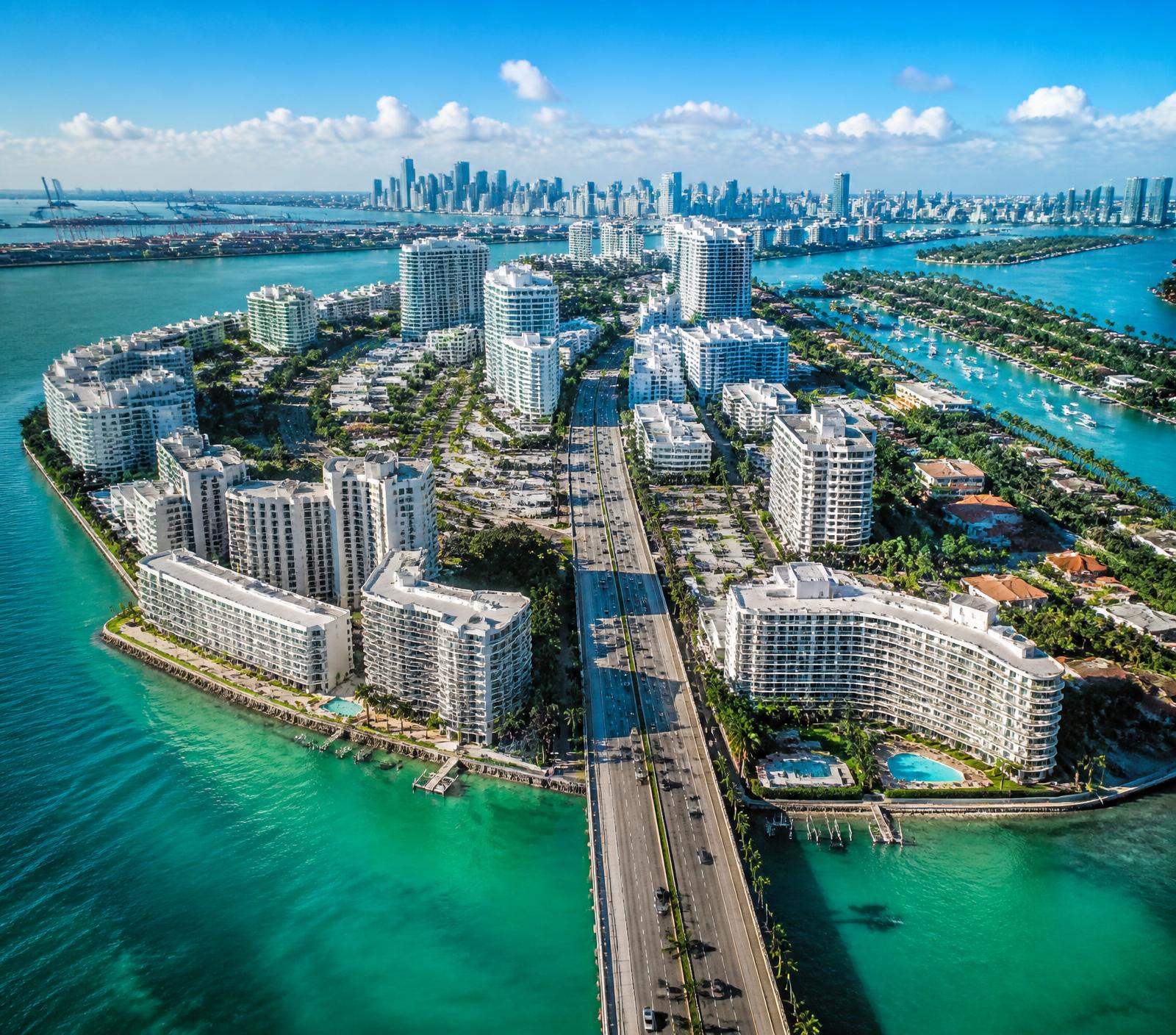 Aerial view of Miami coastline, causeway and waterfront architecture
